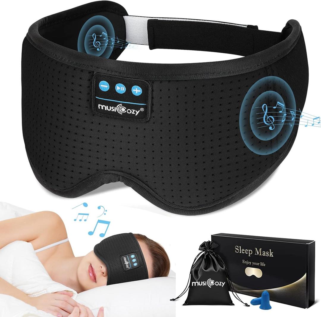 MUSICOZY Sleep Headphones, Bluetooth Sleeping Mask Headband Headphones Eye Mask, Wireless Music Earbuds Earphones with HD Ultra-Thin Stereo Speakers for Side Sleepers Men Women
