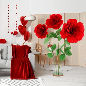 1 Set 4. 5 ft Giant Artificial Flowers Giant Rose for Decorations Valentine Huge Flannel Flower with Standing Base Creative Gift for Window Reception Banquet Ceremony Floral Decor (Red)