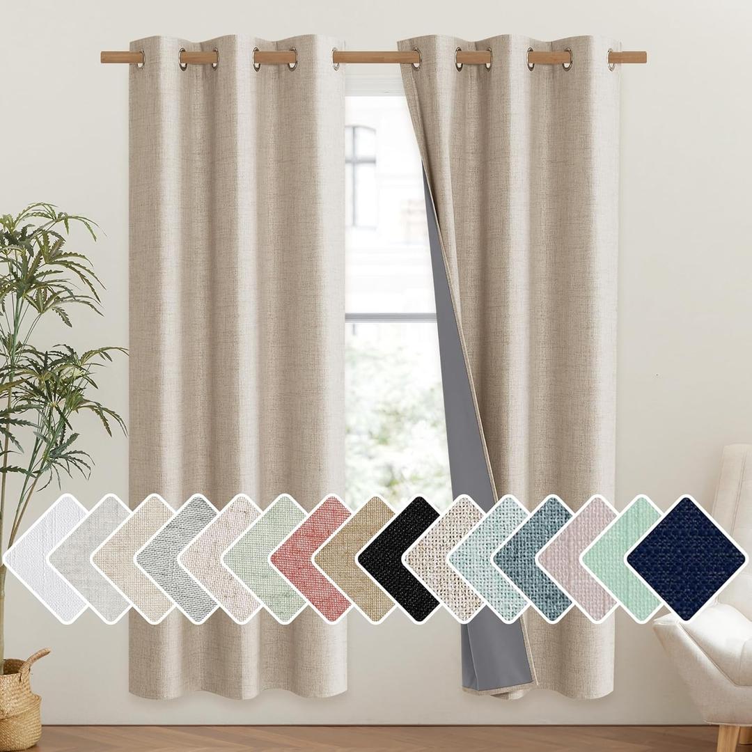 NICETOWN Cream 100% Blackout Linen Curtains 72 inch Long Burg for Classroom, 1 Pair, 42" Width Each Panel, Farmhouse Thick Completely Blackout Window Treatment Thermal Insulated Drapes