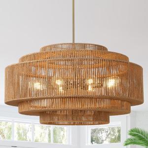 31.5" Large Boho Chandelier, 8-Light Hand-Woven Coastal Rattan Chandelier, Farmhouse Vintage Light Fixture,5-Tier Drum Wicker Gold Chandeliers for Dining Room, Kitchen, Living Room, Foyer
