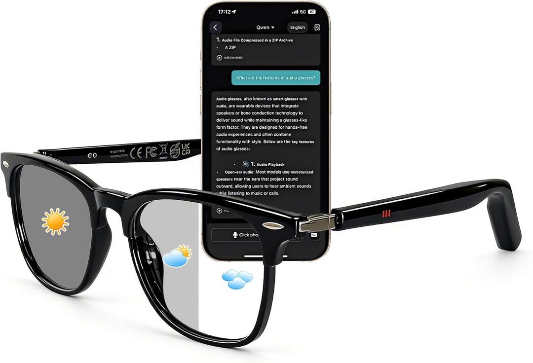 AI Smart Wireless Bluetooth Translation Glasses for Men/Women with Speakers/Bluetooth&140+ Languages Translation Sports/Travel/Drive/Busniess (MK3+AI+Color Change Lenses+Black+Adjustable)