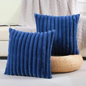 FUTEI Navy Blue Striped Decorative Throw Pillow Covers 18x18 Inch Set of 2,Square Spring Decorations Couch Pillow Case,Soft Cozy Faux Rabbit Fur & Velvet Back,Modern Home Decor for Bed