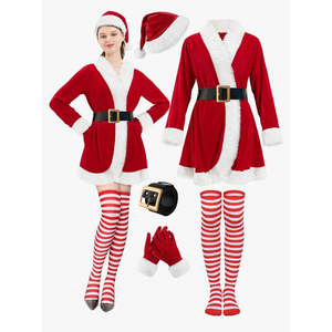 5 Pcs Mrs Claus Costume Adult Women, Santa Christmas Outfits for Women Velvet Dress with Belt High Socks Hat Gloves, XL