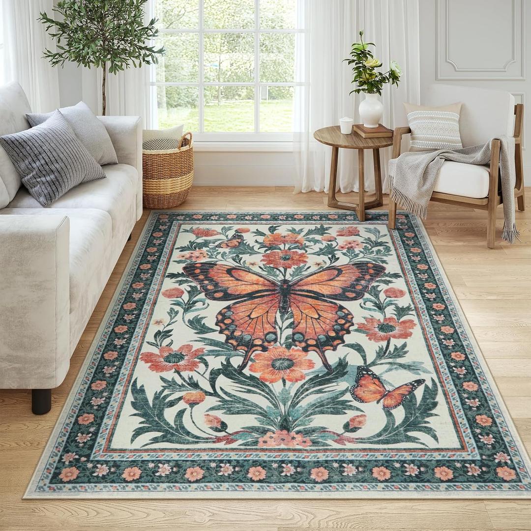 Uphome Green Washable Rugs 5x7, Butterfly Floral Rugs for Bedroom, Boho Non-Slip Soft Living Room Rug, Modern Farmhouse Low-Pile Accent Carpet for Entryway Nursery Dining Room