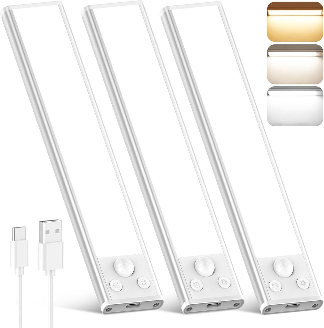 3-Pack Under Cabinet Lighting, 68LED 1800mAh Motion Sensor Lights Indoor, 3 Color Wireless Dimmable Rechargeable Battery Operated Closet Lights, Magnetic Under Counter Light Fixture for Kitchen Stair (8inch)
