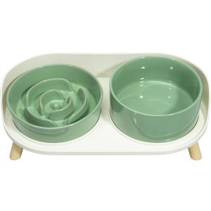 Elevated Slow Feeder Dog Bowls - Ceramic Food and Water Bowl Set with Stand - Raised Pet Dishes for Small and Medium Sized Dogs (Green)