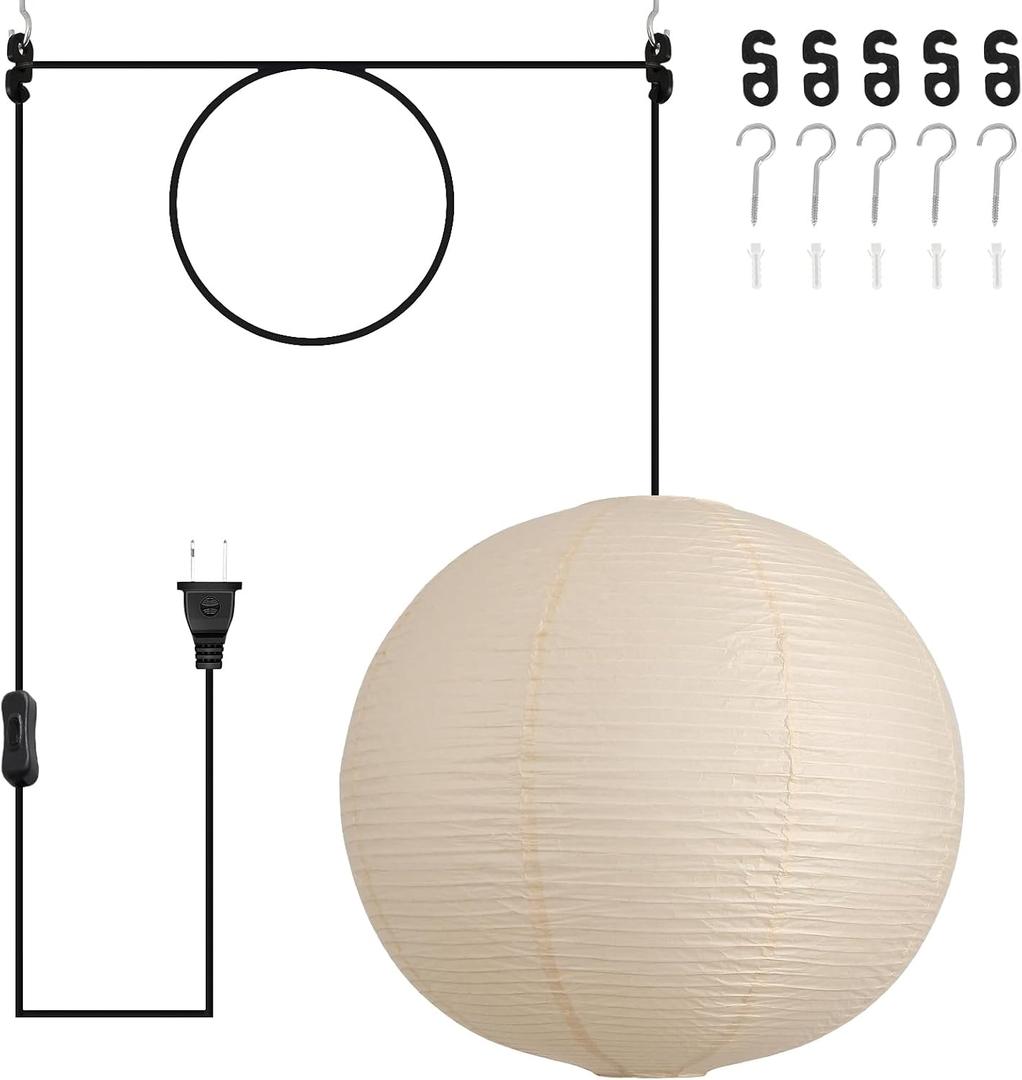 20in Paper Lanterns Plug in Hanging Lamp Off-White 19.7FT Cord | Rice Paper Lamp Lantern Pendant Light Large Globe Japanese Japandi Wabi Sabi Chandelier for Dining Living Room Bedroom 1 Pack, 19.7in
