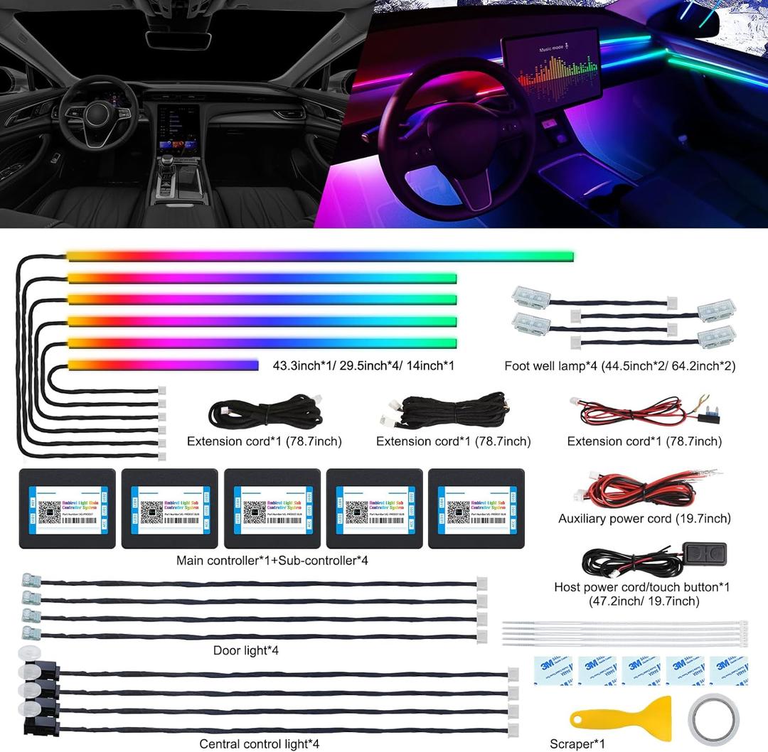 Acrylic Interior LED Strip Light With Wireless APP, RGB 18 in 1 With 175 Inches 600 LEDs Fiber Optic Ambient Lighting Kits for Car, 16 Million Colors Sound Active Function