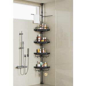 32-122inch Corner Shower Caddy Tension Pole Black, Rustproof Drill-Free Shower Shelves for Bathroom Bathtub Washbasin, Adjustable Shower Organizer with 4 Tier Patent Stable Shelves & Towel Bars