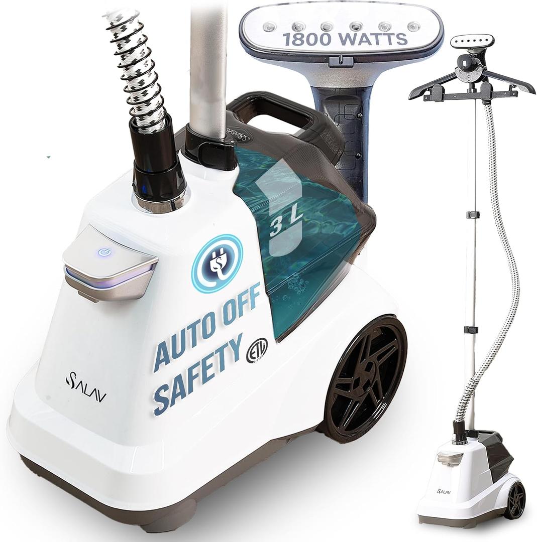 SALAV Heavy Duty Smart Auto Shut-off Commercial Full-Size Garment Steamer, Beeping Alert when Water Runs out, Foot Pedal Control, XL 3L (101.5 oz) Tank, 1800 watts, 90+min of Continuous Steam, White
