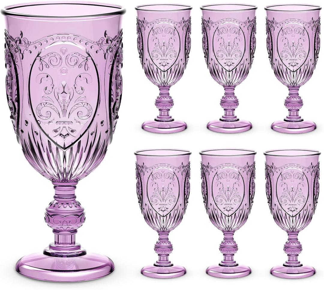 6 Pcs Plastic Goblets 7.5oz Vintage Goblet Plastic Wine Glasses Colored Retro Embossed Water Goblets for Wine Bar Juice Baby Shower Wedding Reception Grand Event Party (Purple)