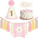 Daisy 1st Birthday Decorations Highchair Pink Floral High Chair Banner Boho Flower One Wooden Cake Topper for Pastel Flowers First Birthday Party Decorations (Daisy)