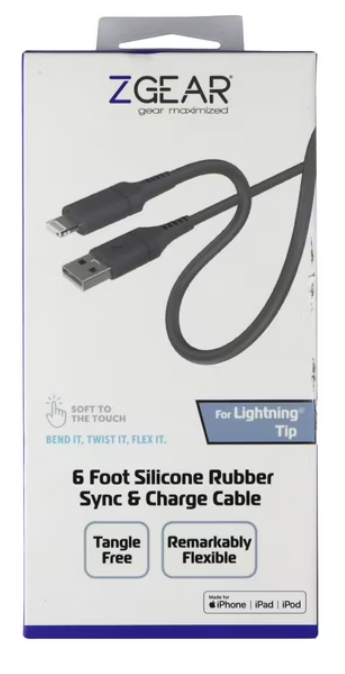 ZGEAR SILICONE CABLE LIGHTNING 6FT GREY