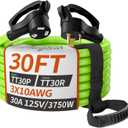 PlugSaf 30 FT 30 Amp RV Extension Cord Outdoor with Grip Handle, 10/3 Gauge Flexible Heavy Duty RV Power Cord Waterproof, NEMA TT-30P to NEMA TT-30R, 10AWG 125V 3750W STW, Green-Black, ETL Listed