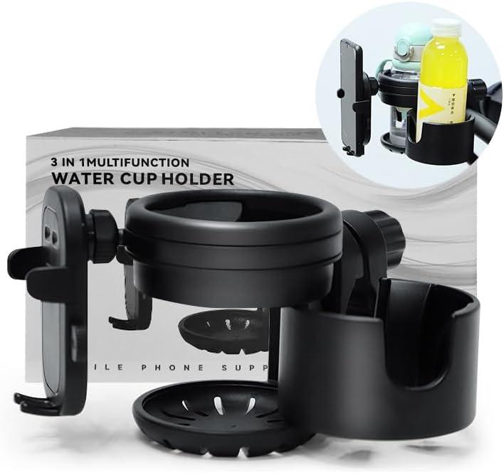 360 Rotation 3in1 Big Holder, Universal Stroller Cup Holder, Adjustable Drink Holder,Removable Phone Holder for Wheelchair, Stroller, Bike, Walker, Scooter, Bicycle (Black)