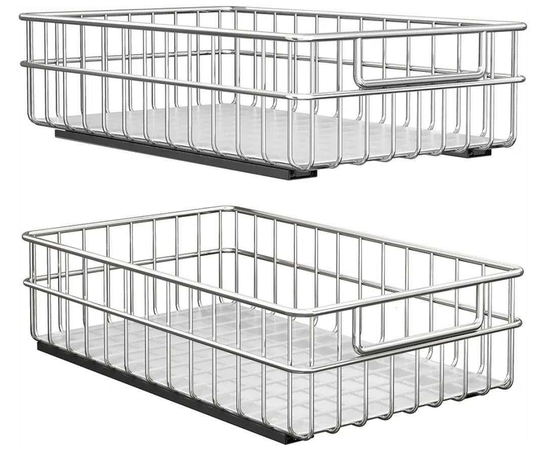 Pull out Cabinet Organizer, Stainless Steel 2-Pack Slide out Drawer with Silent Full-Extension Slides, Adhesive Roll out Can Spice Storage Basket Shelf Rack for Pantry, Kitchen, Bathroom, Home Closet