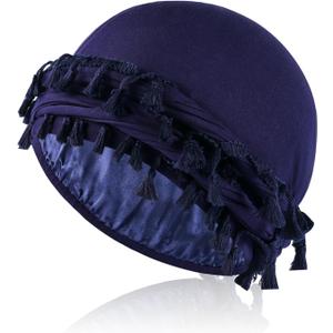 Satin Lined Turban with Long Twist Straps Tassels Silky Head Wraps for Men Women Halo Head Scarf Sleeping Bonnet (Blue)