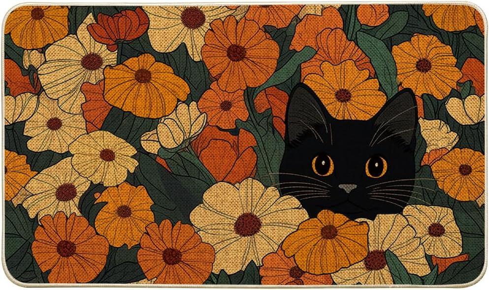 Artoid Mode Black Cat Flowers Spring Doormat, Home Summer Decor Low-Profile Switch Rug Door Mat Floor Mat for Indoor Outdoor 17x29 Inch