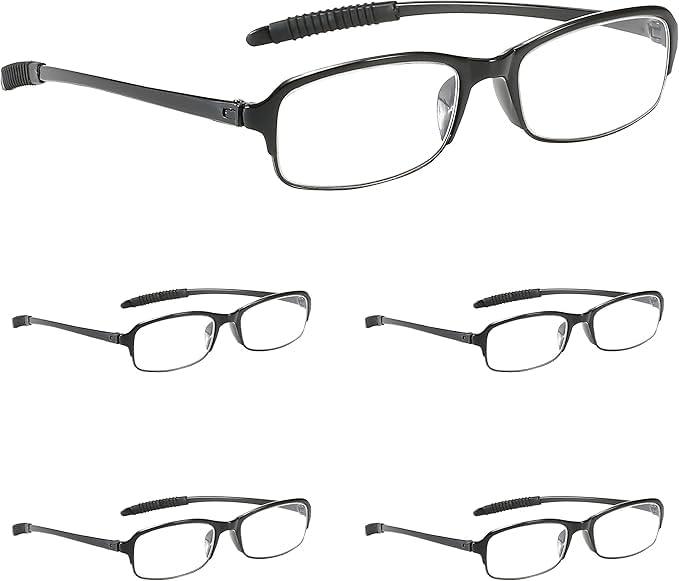 PROFLEX SpareSpecs Reading Glasses (value 5 pack) - lightweight, impact resistant, scratch resistant, bendy, flexible, anti-slip, unisex (mens + womens) (Oval; BLK; +3.5) (Black)