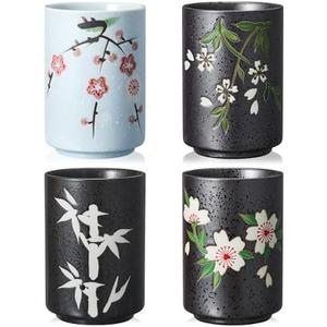 Qinyoung 4 Pcs Japanese Tea Cups 10 oz Ceramic Christmas Japanese Gifts Chinese Restaurant Sakura Teacups No Handles Japan Mug Souvenirs for Tea Latte Coffee Juice