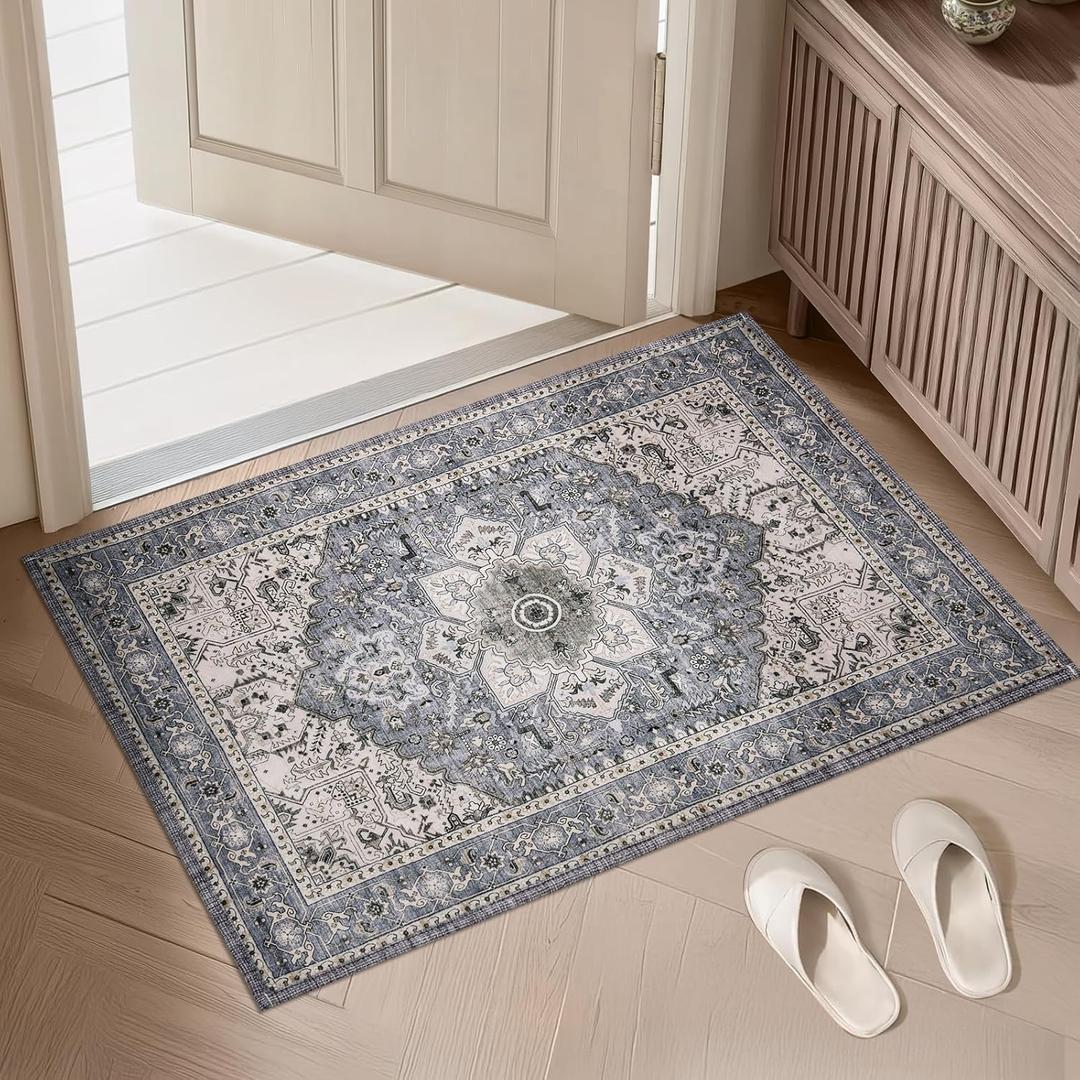 PURRUGS Vintage Farmhouse Boho Throw Rug 2x3 ft, Non-Slip Machine Washable Rug, Accent Oriental Area Rug for Entryway, Kitchen, Bedroom, Living Room and Dining Room, Periwinkle Gray/Soft Ivory