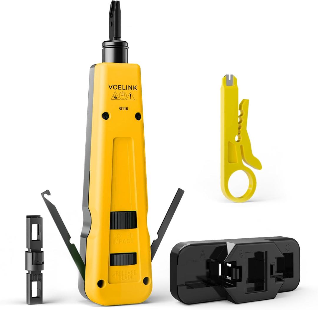 VCELINK Punch Down Impact Tool with Punchdown Stand and Mini Wire Stripper Cutter for 90/180 Degree RJ45 Cat5/Cat5E/Cat6/Cat6A RJ11 RJ12 Keystone Jack, Network Cable CAT6/CAT5/CAT3 Stripper