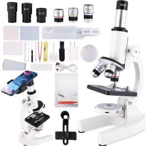 Microscope for Adults & Kids, 40X-2500X High-Power Compound Microscope for Students, School Lab & Home Schooling,Equiped with Slides Set & Phone Holder (Light White)