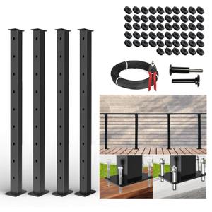 36 Cable Railing Post Kits, 4pack 9-Hole Flat Top Level Drilled Post, 150ft T316 Wire Rope, Complete Set Invisible Cable Railing Hardware System DIY Kit (No Handrail), PFSL 02