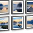Framed Lake Scenery Wall Art: Calming Forest Fog Print Pictures Relaxing Nature Landscape Painting Contemporary Frames Mountain Tree Artwork 6 Pieces Sunset Picture for Bedroom Living Room