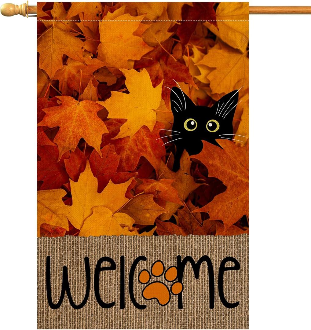 BLKWHT Fall Leaves Cat House Flag 28x40 Vertical Double Sided Welcome Maple Leaf Autumn Thanksgiving Holiday Outside Decorations Burlap Yard Flag BW828-40