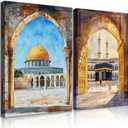 2pc Islamic Wall Art Aqsa Mosque Kaaba Wall Decor Watercolors Muslim Poster Modern Pictures Living Room Home Decor 12x16in Framed