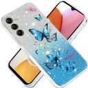 for Samsung Galaxy A14 5G Case with Lanyard,The Stars are Covered with a Glittering Butterfly Pattern for Samsung Galaxy A14 Phone Case (Blue)