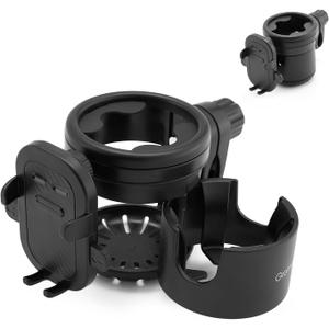 Gromast Universal Stroller Cup Holder with Phone Holder, 3-in-1 Detachable Drink Holder 360 Rotatable, Adjustable Cup Holder for Stroller Wheelchair Bike Walker Scooter - Black