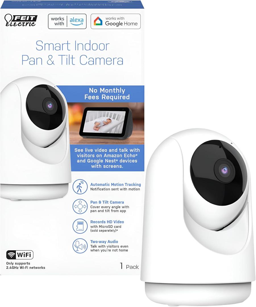 Feit Electric Indoor Security Camera with Motion Detection, 30ft. Night Vision, Pan and Tilt Head, 2.4GHz WiFi, 2-Way Audio, 1080p HD, Works with Alexa & Google Asst, Plug-in, White, CAM/ PAN/ WiFi/ G2
