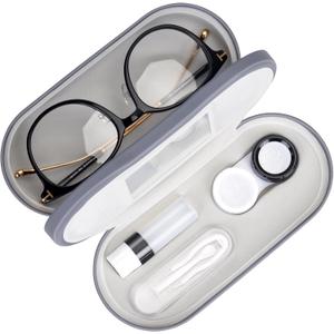 Muf 2 in 1 Contact Lens Case and Glasses Case, Double Sided Design with Mirror, Portable Travel Kit with Tweezer, Remover and Solution Bottle, Grey