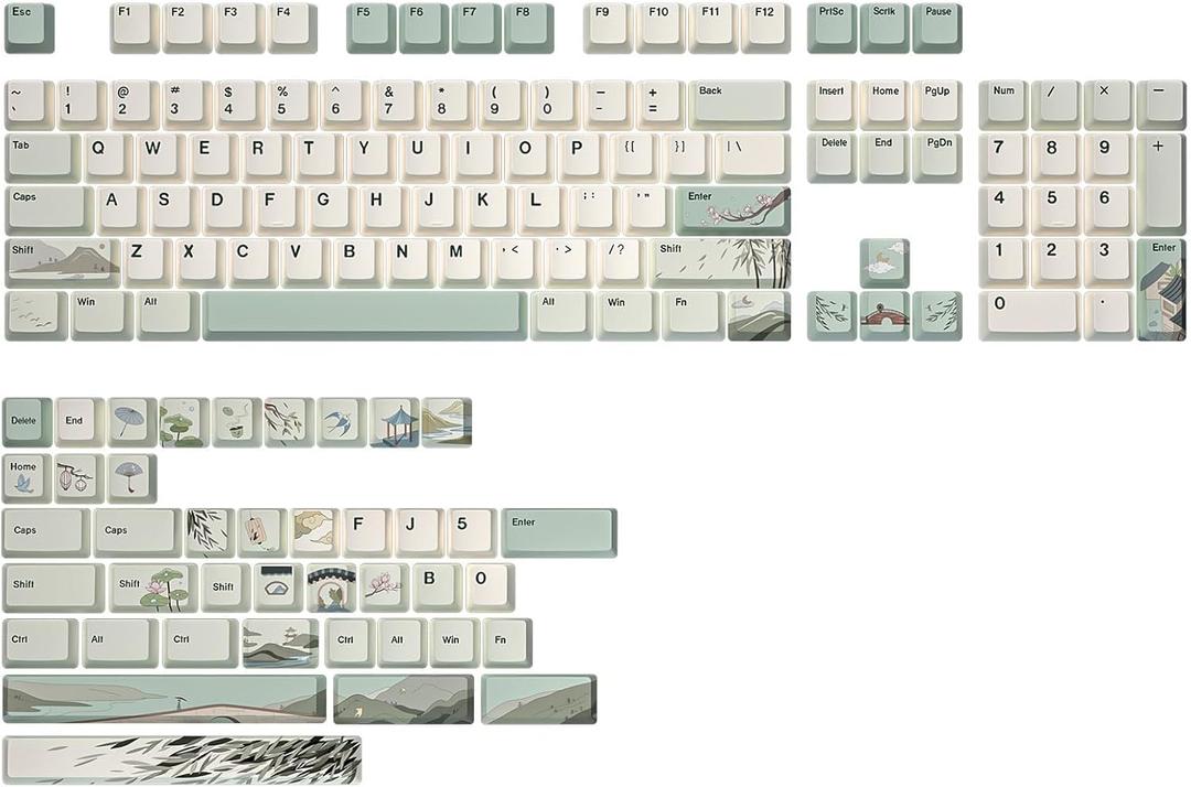 YUNZII Spring Tea Dye Sub PBT Keycaps,145 Full Keys Dye Sublimation PBT Custom Keycap Set with Key Puller for Cherry Gateron MX Switches Mechanical Gaming Keyboard (Cherry Profile, Spring Tea)