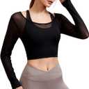 Harssidanzar Women's 2 in 1 Yoga Long Sleeve Mesh Gym Athletic Tops Workout Shirts with Medium Support Sports Bra CL301US (Small,Black)