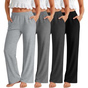 YooAurvox 4 Pack Girls Straight Leg Pants Elastic Waist 5-16 Years Causal Trousers Kids Loose Lounge Sweatpants with Pockets(Light Gray, Heather Gray, Dark Gray, Black,9-10 Years)