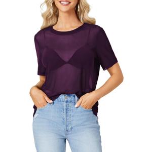 Rooscier Women's Sheer Mesh Short Sleeve Round Neck See Through Sexy Blouse Shirt Top Size XL (Dark Purple)