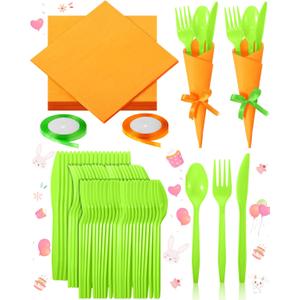 Domensi Hawaiian Luau Napkin Cutlery Set Theme Birthday Party Tableware Include Disposable Spoons Forks Knives Paper Napkins Satin Ribbons(Orange and Green)