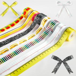7 Rolls Teacher Ribbons for Gifts Composition Notebook Decoration 30 Yards School Ribbons for Crafting Ruler Pencils Apples Bus Crayon Craft Ribbon Teacher Appreciation Gift Wrapping DIY Supplies