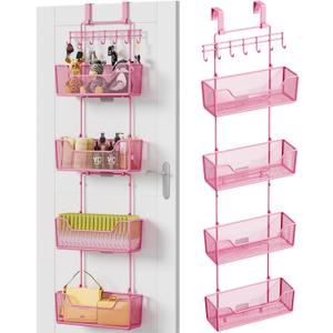 HapiRm Over Door Organizer Storage - Hanging Door Organizer with 4 Metal Large Capacity Baskets and Adjustable Coat Hook for Bathroom Bedroom Kitchen Pantry Closet Cabinet (Pink)