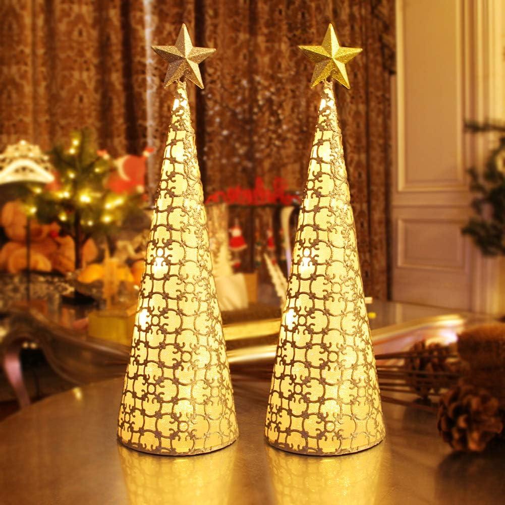 Juegoal Lighted Christmas Table Decorations with Star and 10 LED Lights Battery Operated, Indoor Xmas Thanksgiving Holiday Wedding Party Tabletop Desk Ornament, Set of 2 (Gold, Silver)