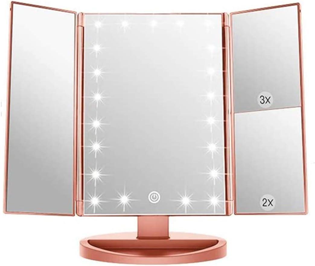 3 Folds Lighted Vanity Makeup Mirror,1X/2X/3X Magnification, 21 LED Light Bright Table Mirror with Touch Screen,180 Adjustable Rotation,Portable Travel Cosmetic Mirror (Rose Gold)