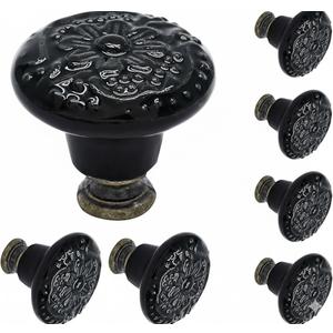 Biaungdo 7 Pcs Black Ceramic Vintage Round Drawer Knobs - Retro Ceramic Dresser Knobs and Pulls for Cabinet, Drawer, Cupboard