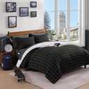 AMBERSPACE Plaid Full Comforter Set Black, Reversible Checkered Bedding Set 7 Pieces for Boys Girls Teen, Lightweight Bed in a Bag for Dorm with Sheets, Pillowcases & Shams