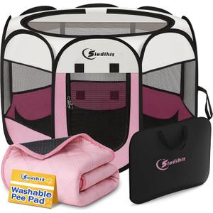 Siedihit Pink Playpen for Large Dog Cat, Dogs Tent Crate Cage Indoor/Outdoor, Portable Pop Up Dog Kennel with Carrying Bag for Rabbits, Removable Top (Pink with Pad, Large)