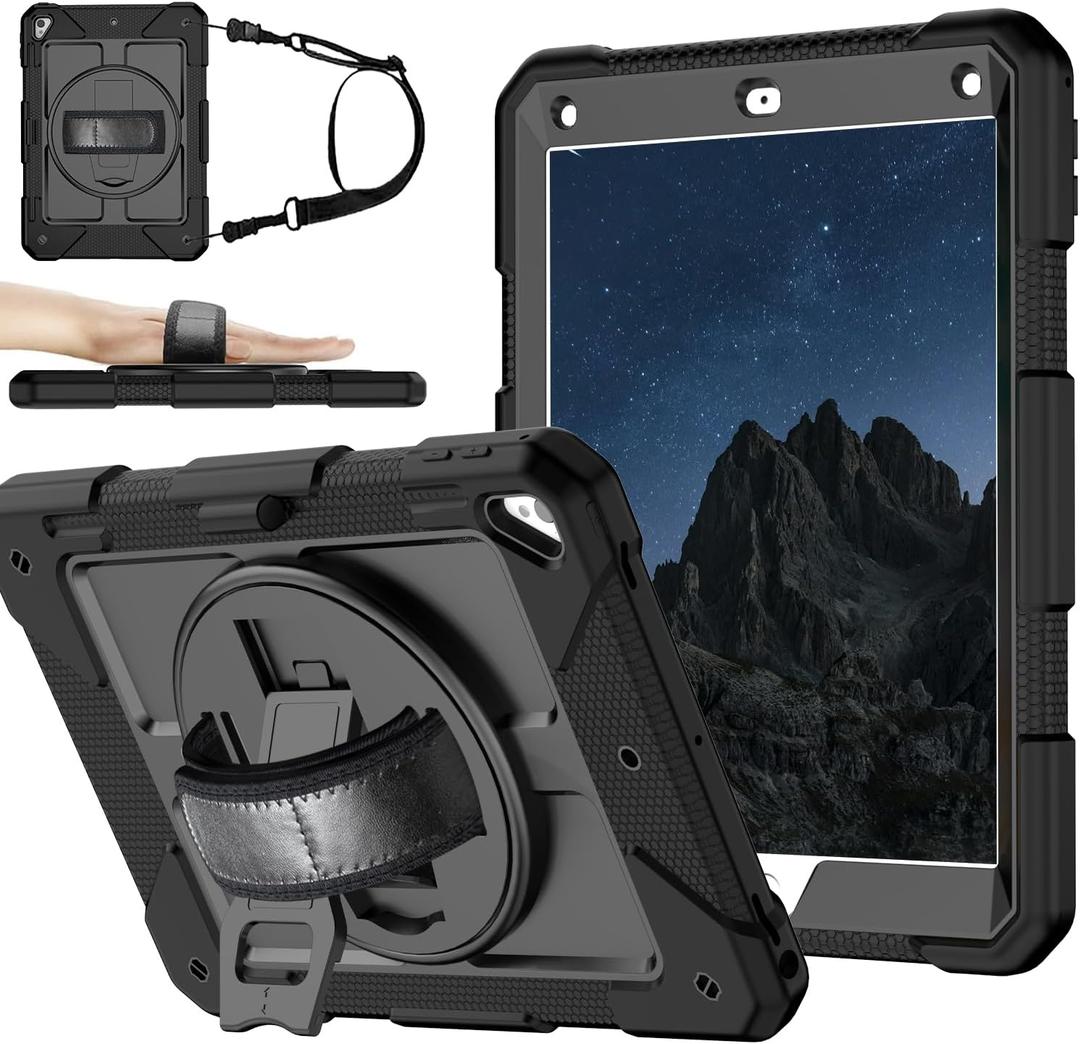 MENZO Shockproof Case for iPad 5th Gen/6th Gen/Air 2/Pro 9.7-inch with 360 Swivel Stand, Pencil Holder, Detachable Hand and Shoulder Strap, Black
