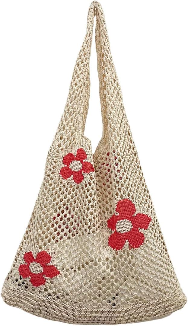 AIYUENCICI Crochet Tote, Fairy Hobo for Women - Y2k Purse, Knitted Shoulder Bag for Girls - Mesh Beach Bags (Beige)