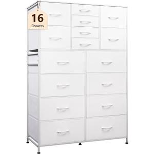 WLIVE Large Dresser for Bedroom, Fabric Dresser Storage Tower with 16 Drawers, Chest of Drawers Organizer Unit, Storage Cabinet, Hallway, Closets, Steel Frame, White